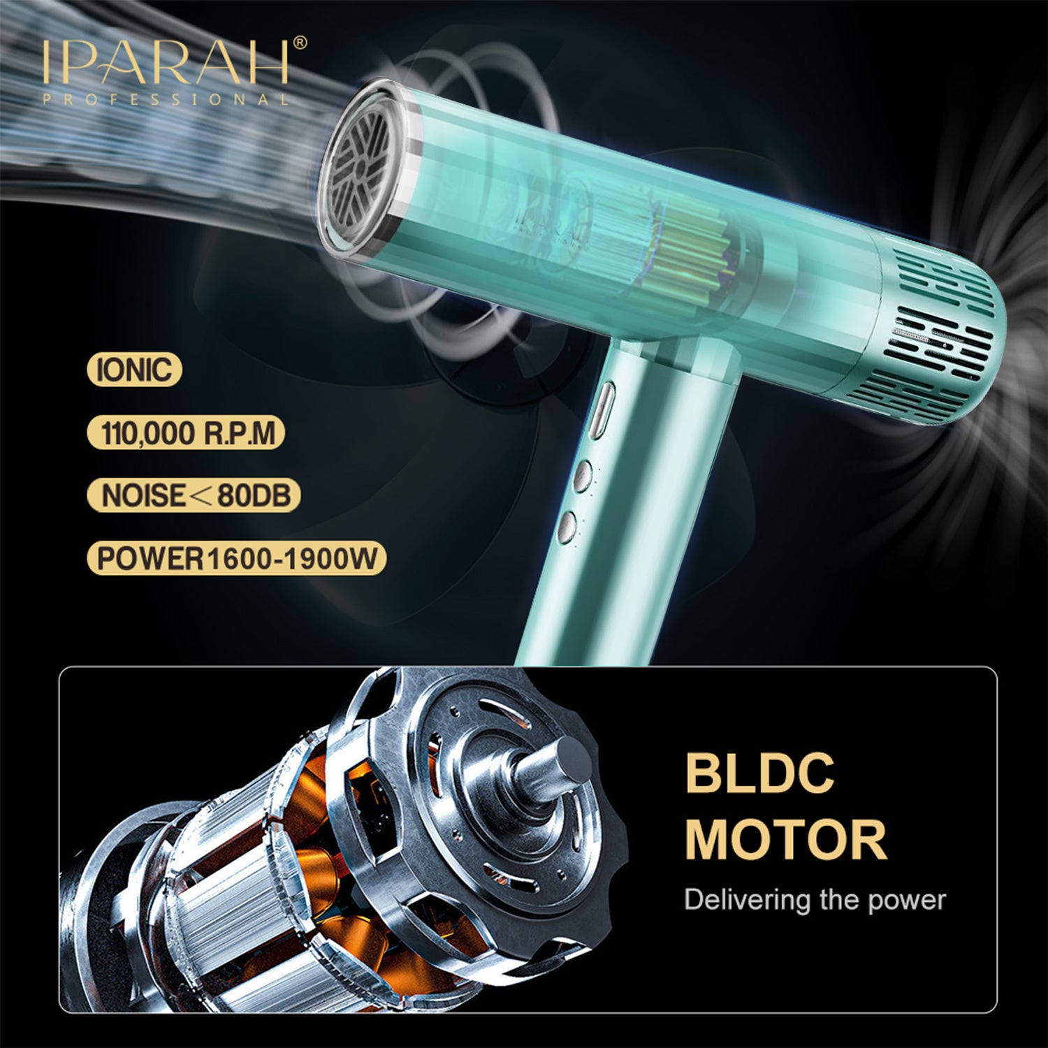 IPARAH P-385G BLDC Professional Hair Dryer 110000 RPM Brushless, Super Quiet-Ion Tech (1900 W, Green)