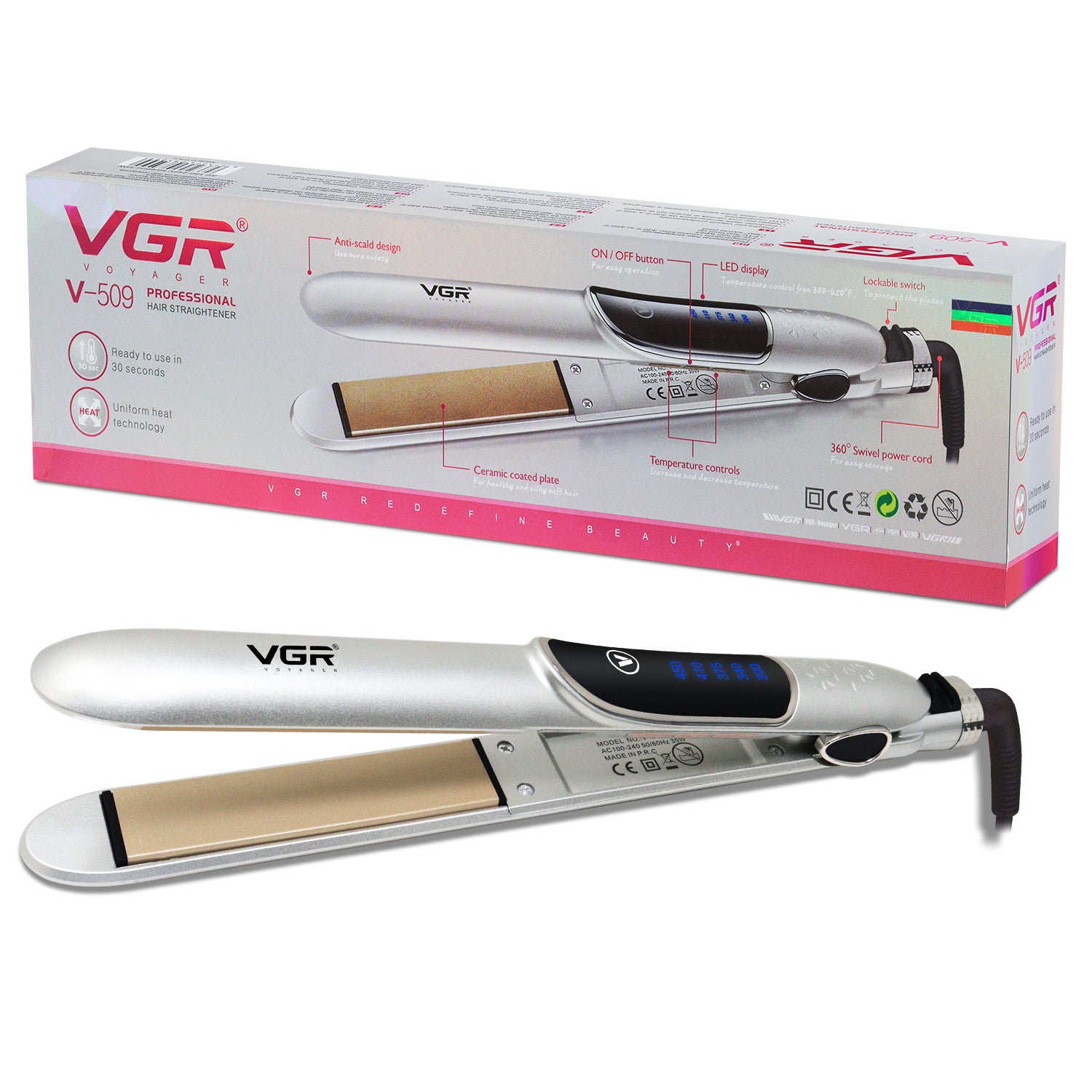 VGR V-509 Professional Hair Straightener With Ceramic Plates Adjustable Temperature For Wome- Silver - vgrofficial.in