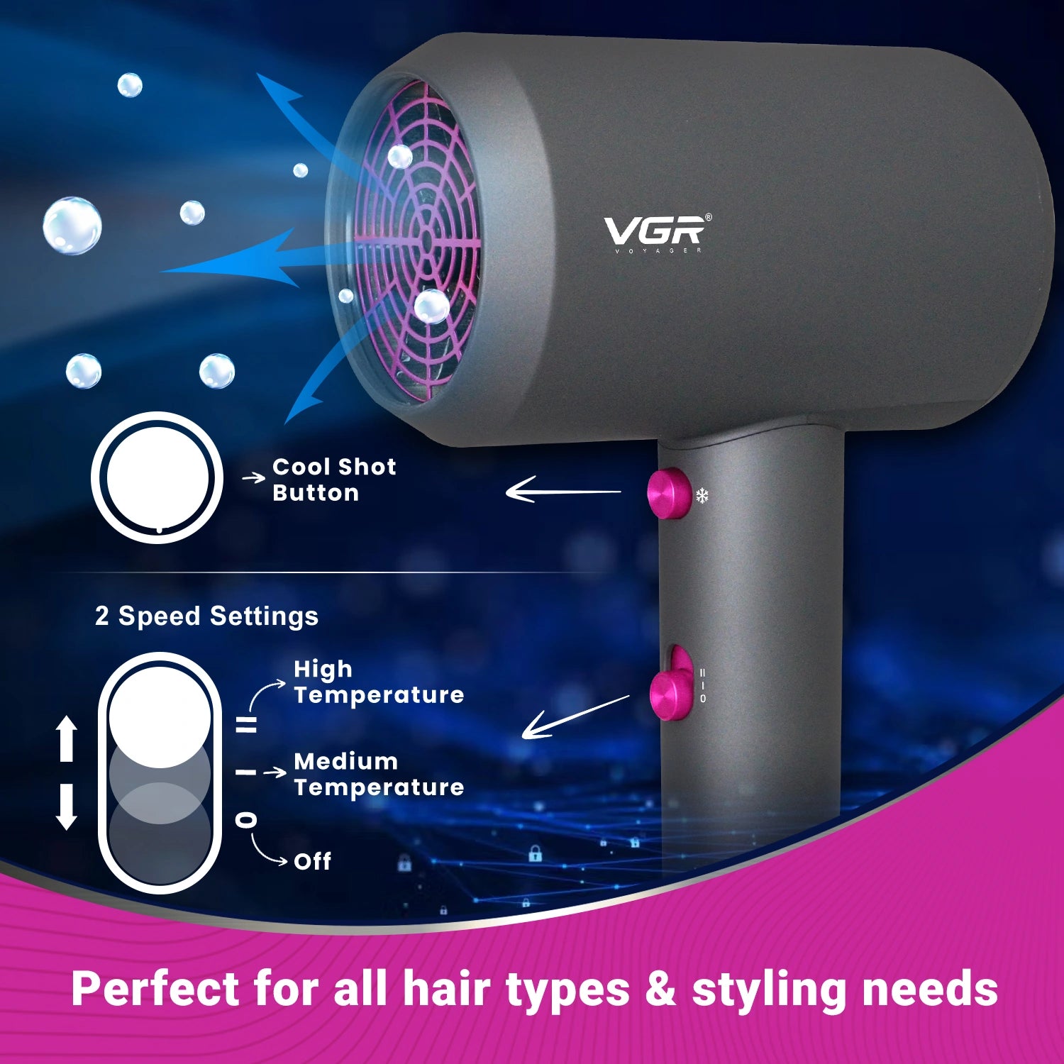 VGR V-400 Hair Dryer For Unisex, Black