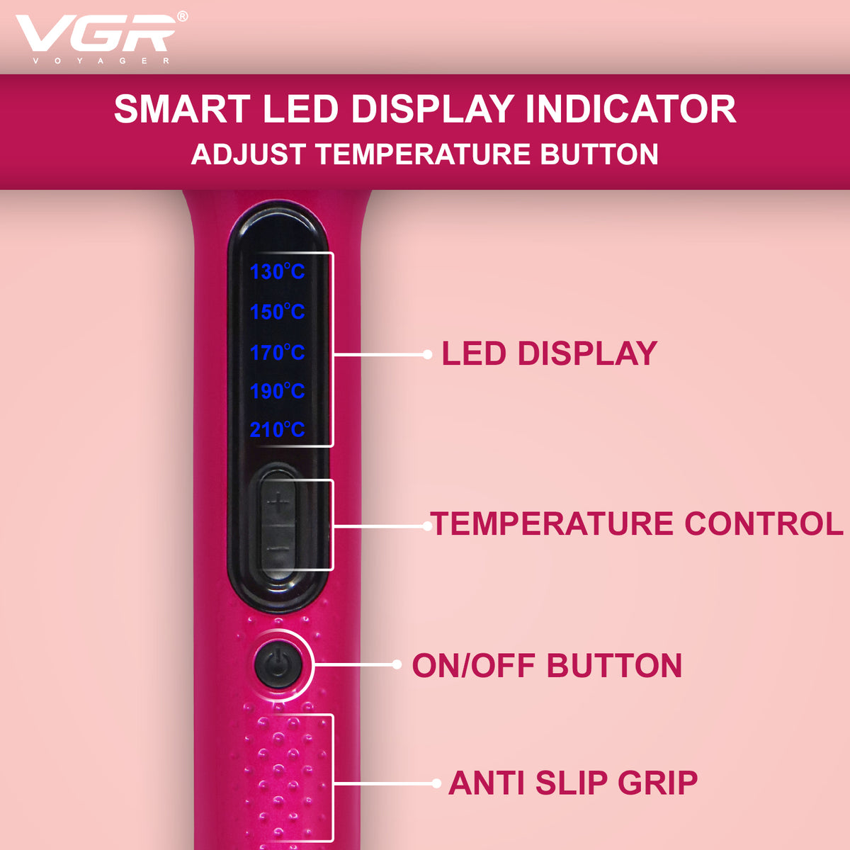 VGR V-506 Hair Straightener 130°C to 210°C Heat Producer For Women, Pink