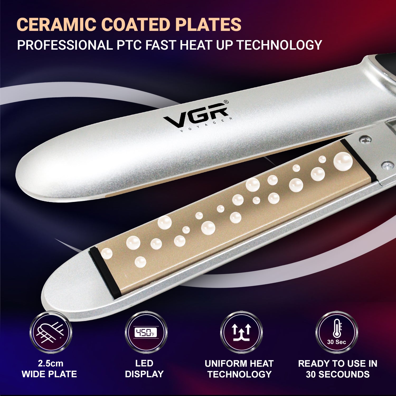 VGR V-509 Professional Hair Straightener With Ceramic Plates Adjustable Temperature For Wome- Silver - vgrofficial.in