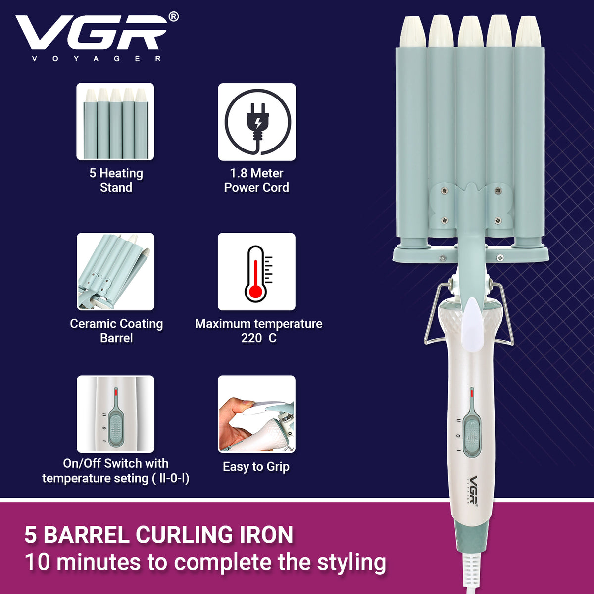 VGR V-597 5 Barrel Hair Curler For Women, Green