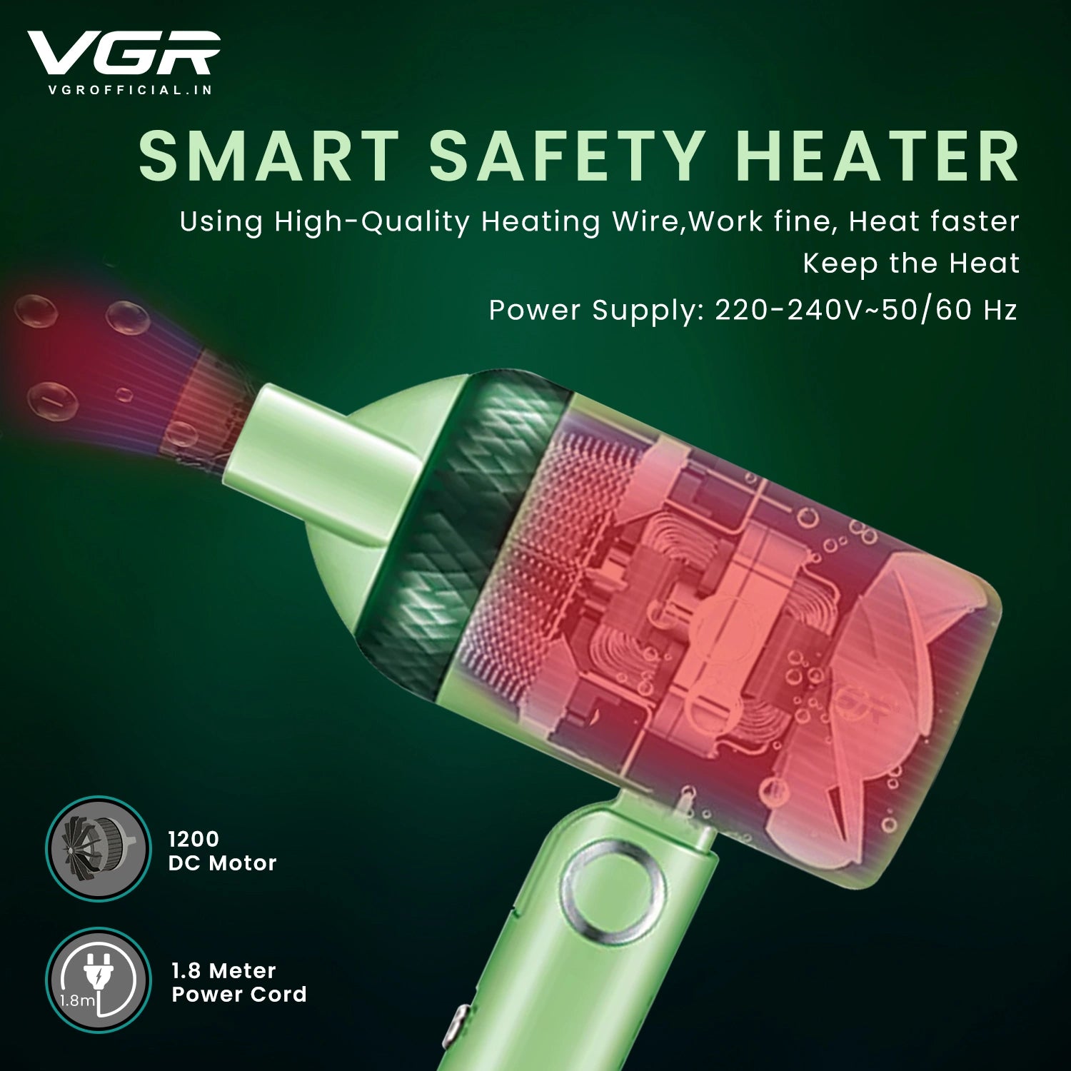 VGR V-421 Hair Dryer For Unisex, Green