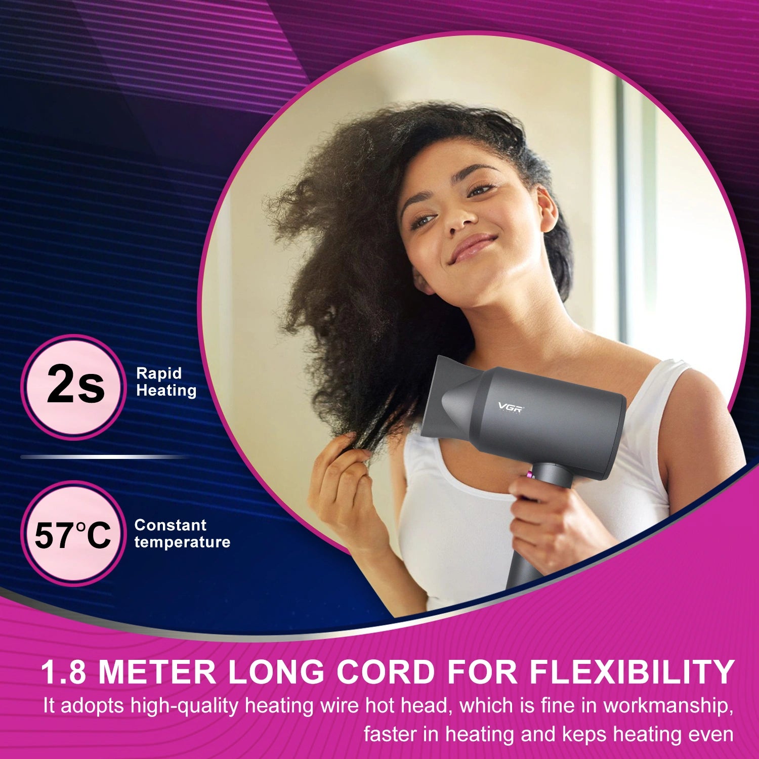 VGR V-400 Hair Dryer For Unisex, Black