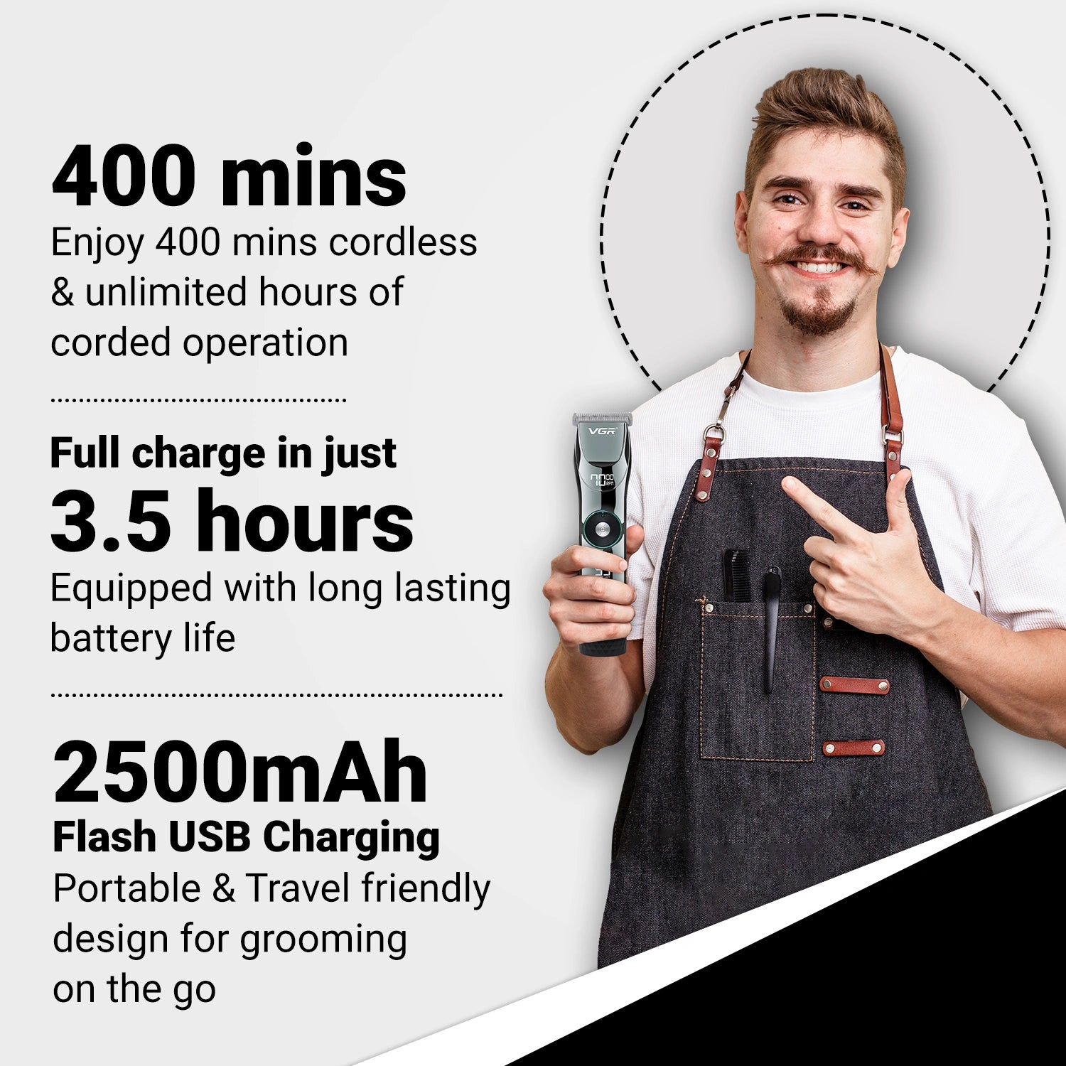 VGR V-256 Hair Clipper For Men, 400 Min Runtime, Black