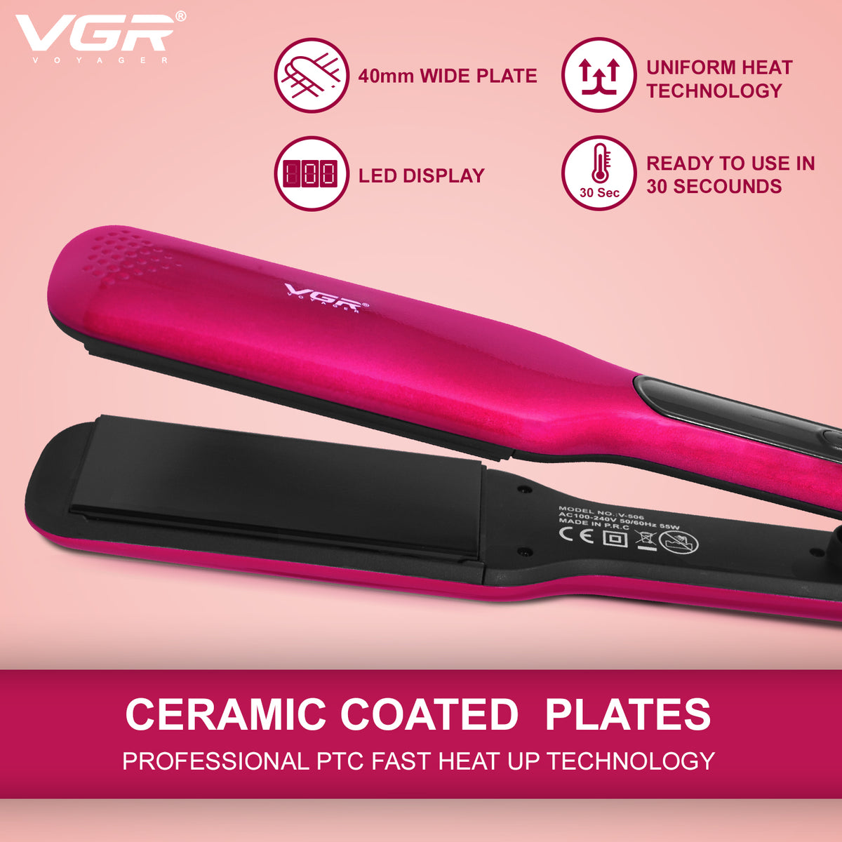 VGR V-506 Hair Straightener 130°C to 210°C Heat Producer For Women, Pink
