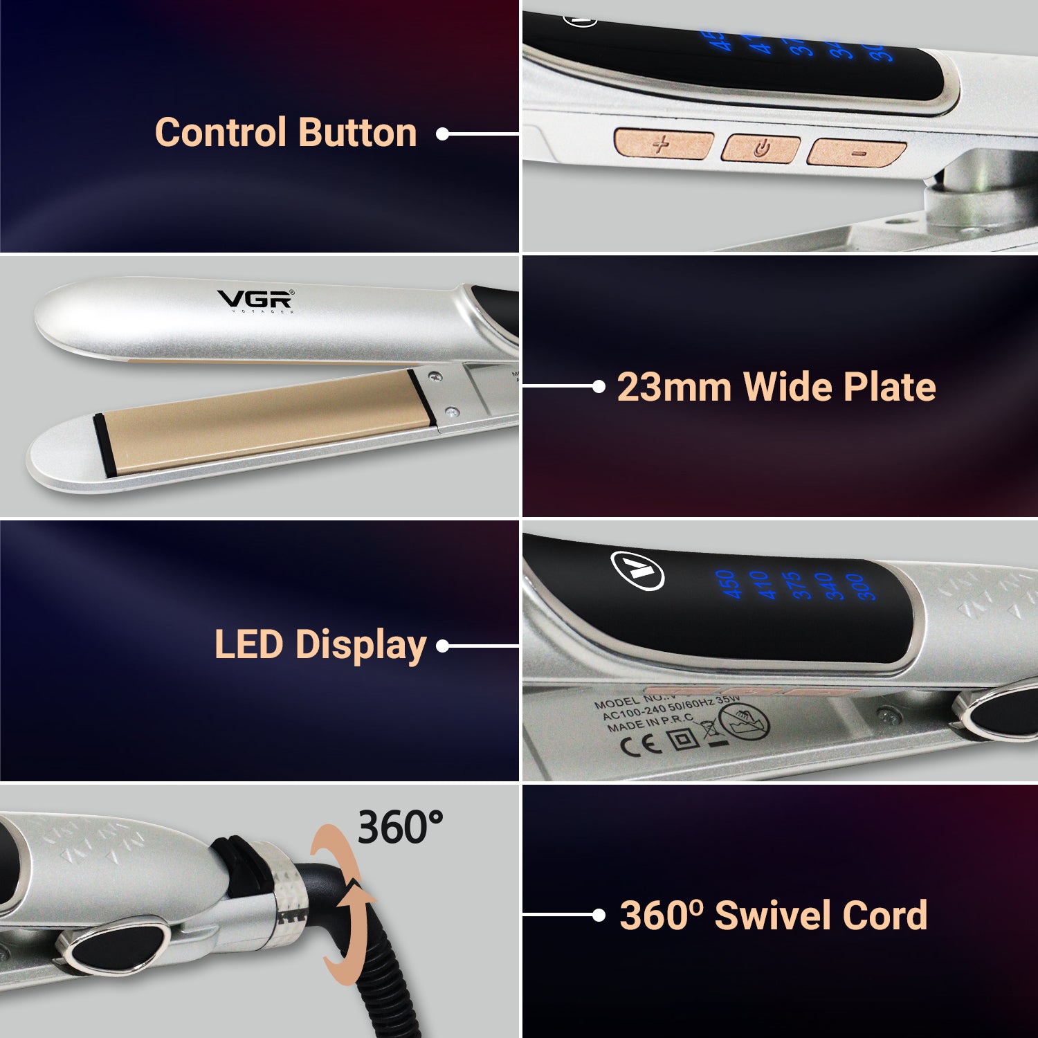 VGR V-509 Professional Hair Straightener With Ceramic Plates Adjustable Temperature For Wome- Silver - vgrofficial.in