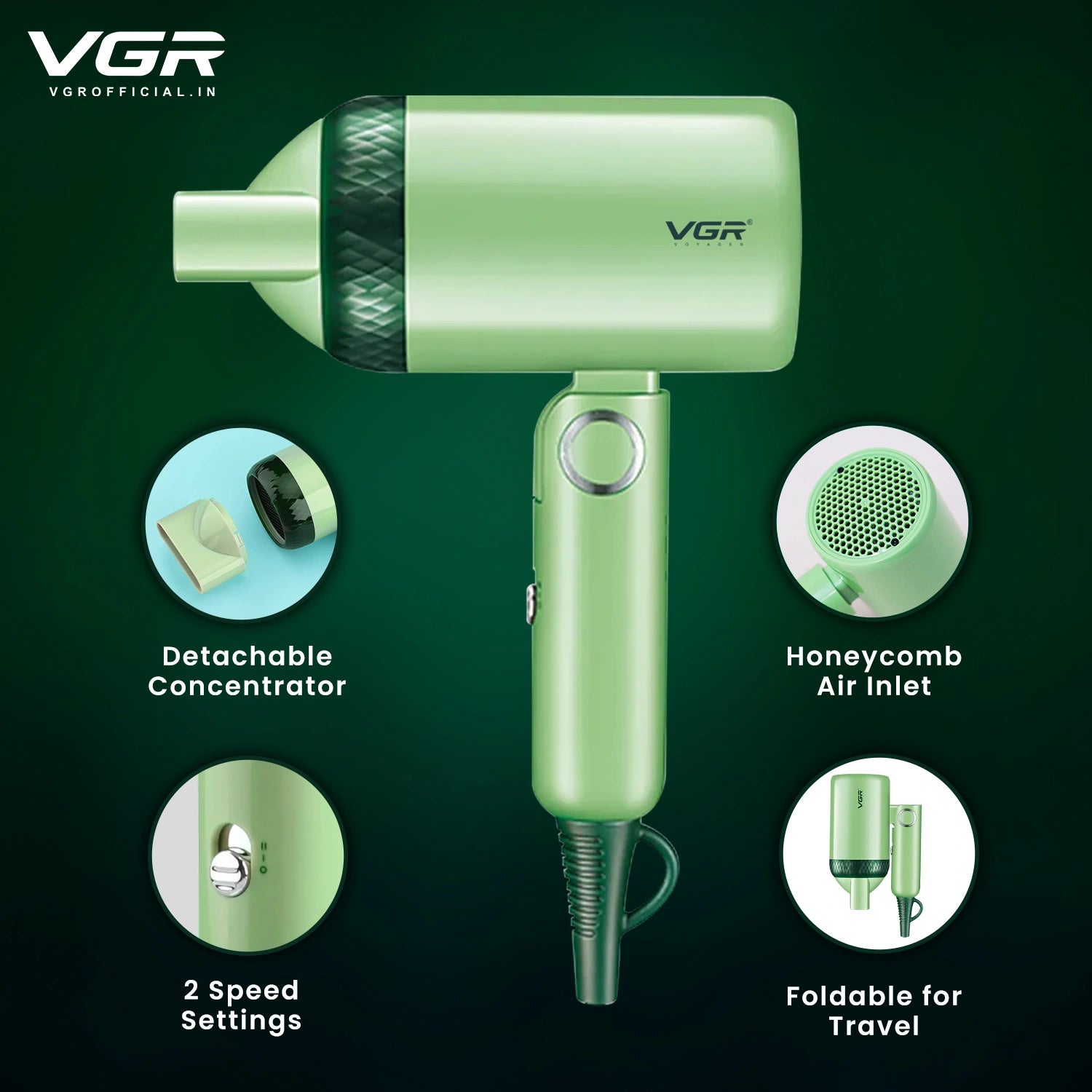 VGR V-421 Hair Dryer For Unisex, Green