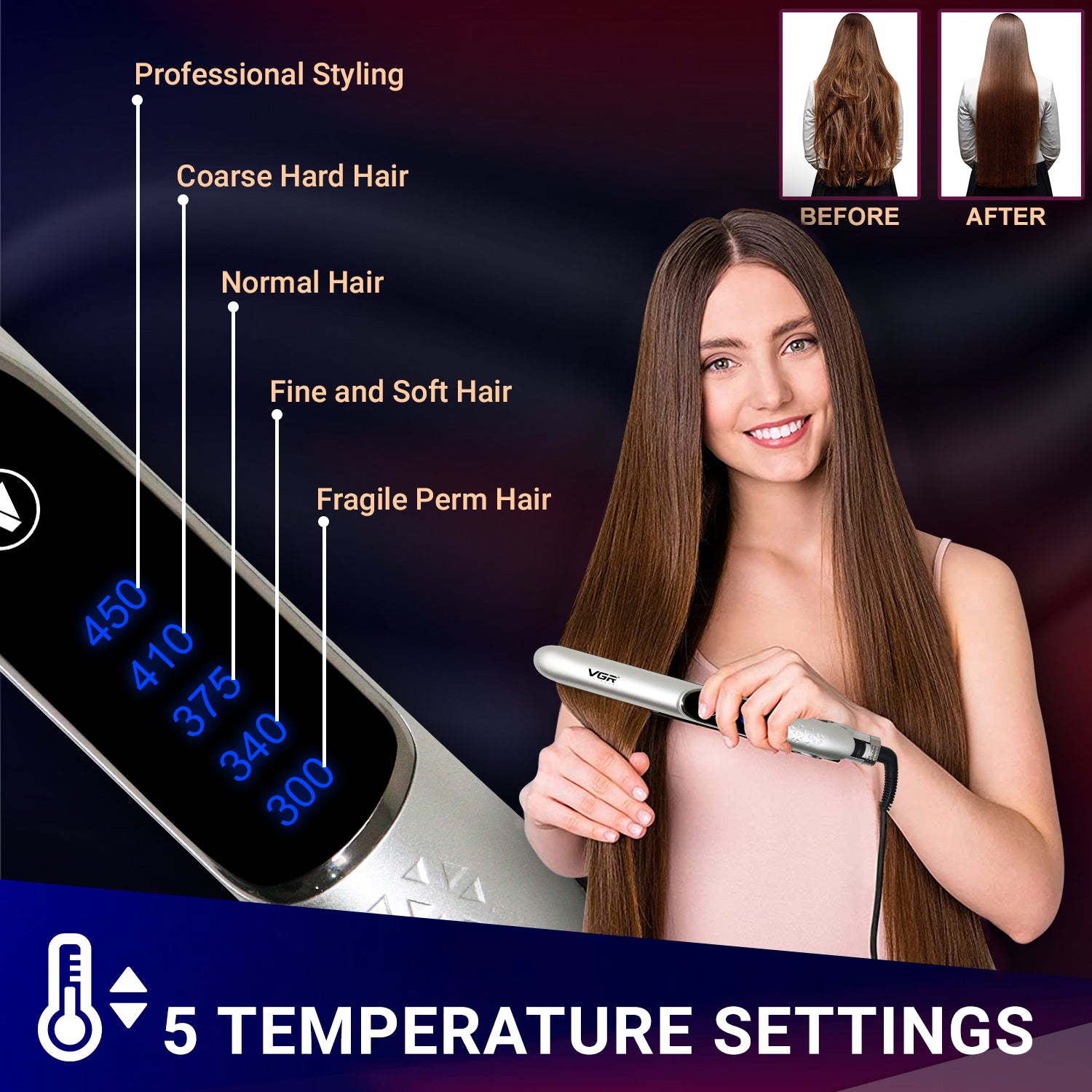 VGR V-509 Professional Hair Straightener With Ceramic Plates Adjustable Temperature For Wome- Silver - vgrofficial.in
