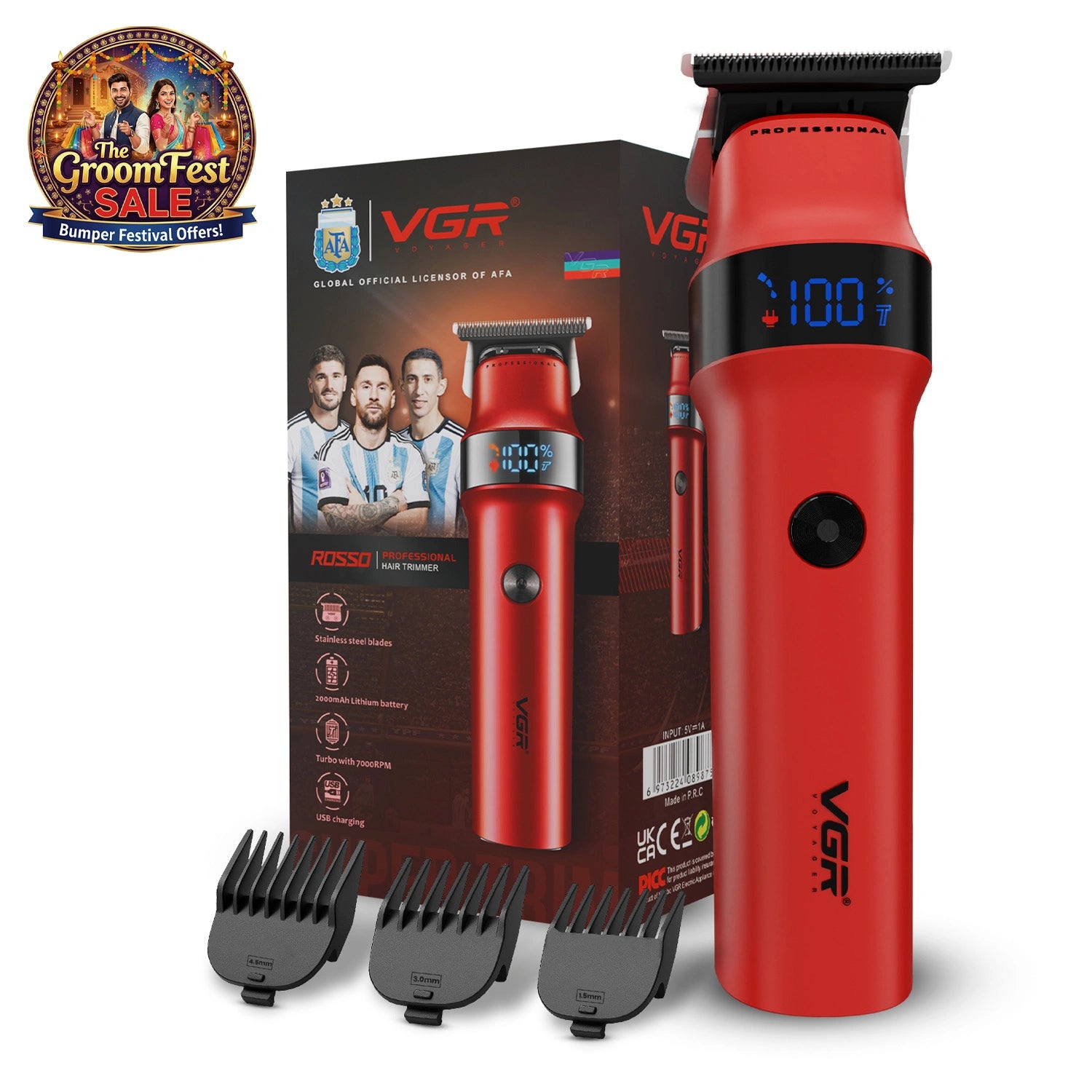VGR Rosso Professional Beard & Moustache Trimmer for Men (Red)