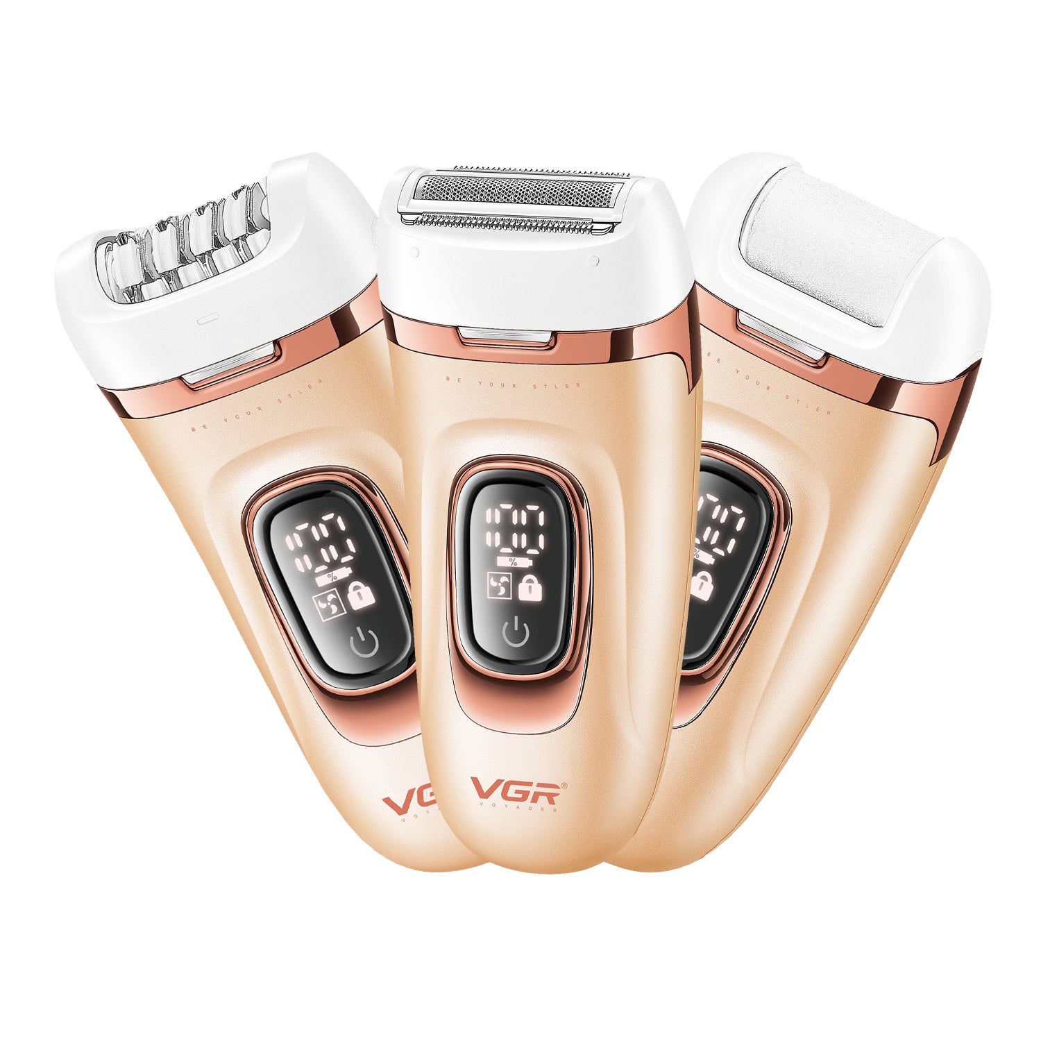 Three VGR electric shavers on a white background