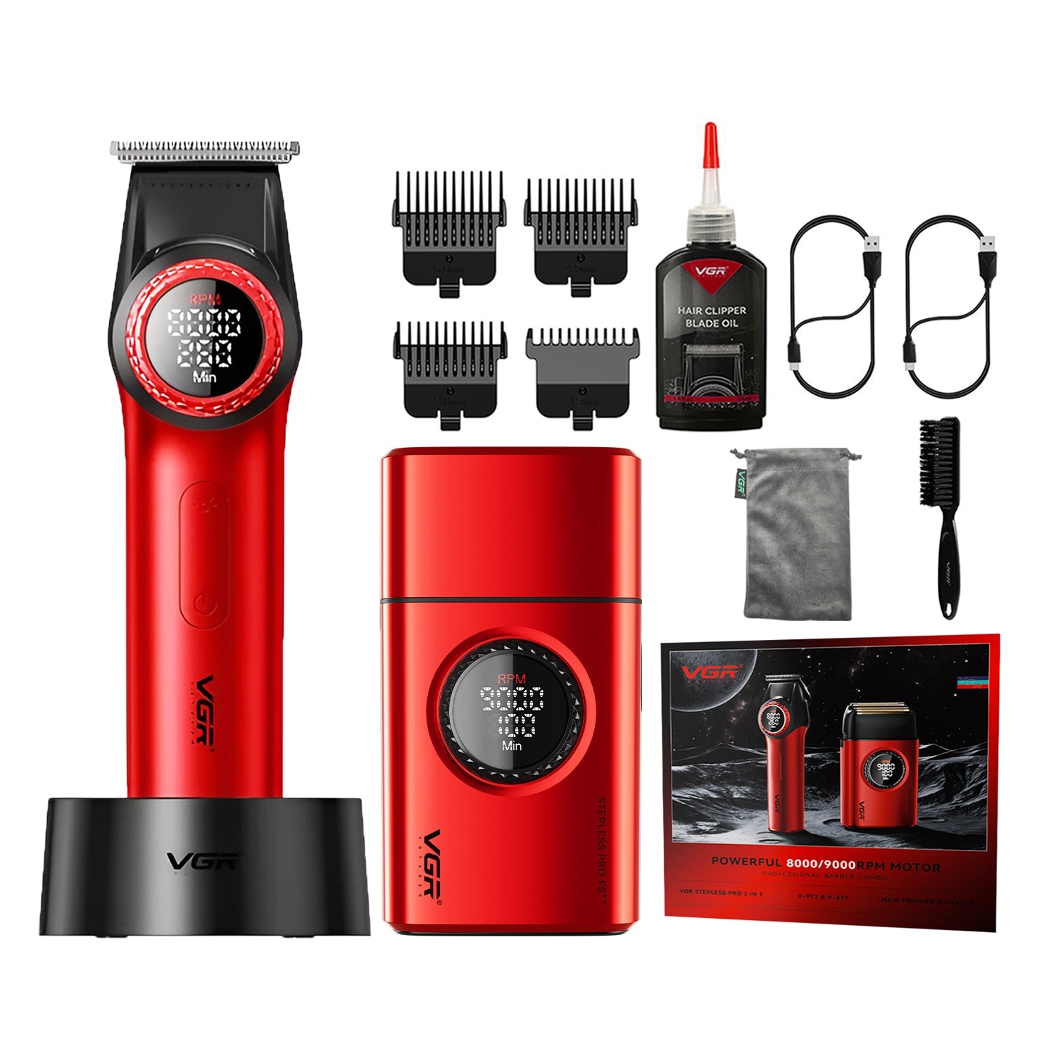 VGR V-977 & V-377 Professional Hair Trimmer & Shaver Combo Set (Red)