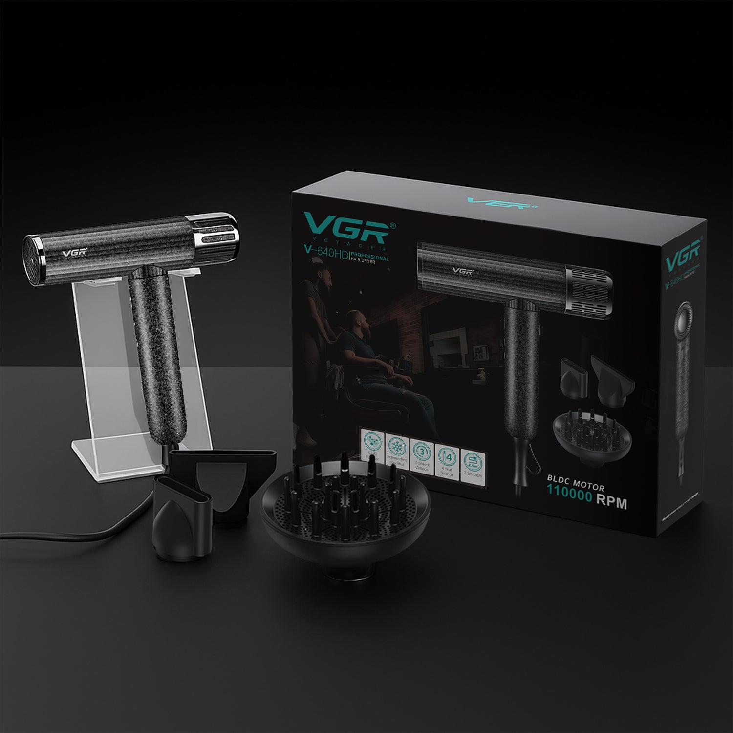 VGR V-640HD Professional Hair Dryer | Barber Series | 1600–1900W High-Speed BLDC Motor