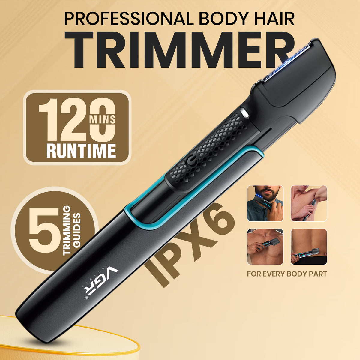 VGR V-602 Body Hair Trimmer for Men, IPX6 Waterproof, 120 Min Runtime, Black