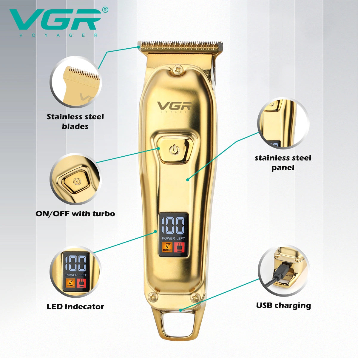 VGR V-965 Professional Hair Trimmer for Men - Cord/Cordless, Precision T-Blade, LED Display, Turbo Function, Travel Lock, 4 Guide Combs, Type-C USB Rechargeable, 120 Minutes Run Time with 1 Year Warranty (Gold)