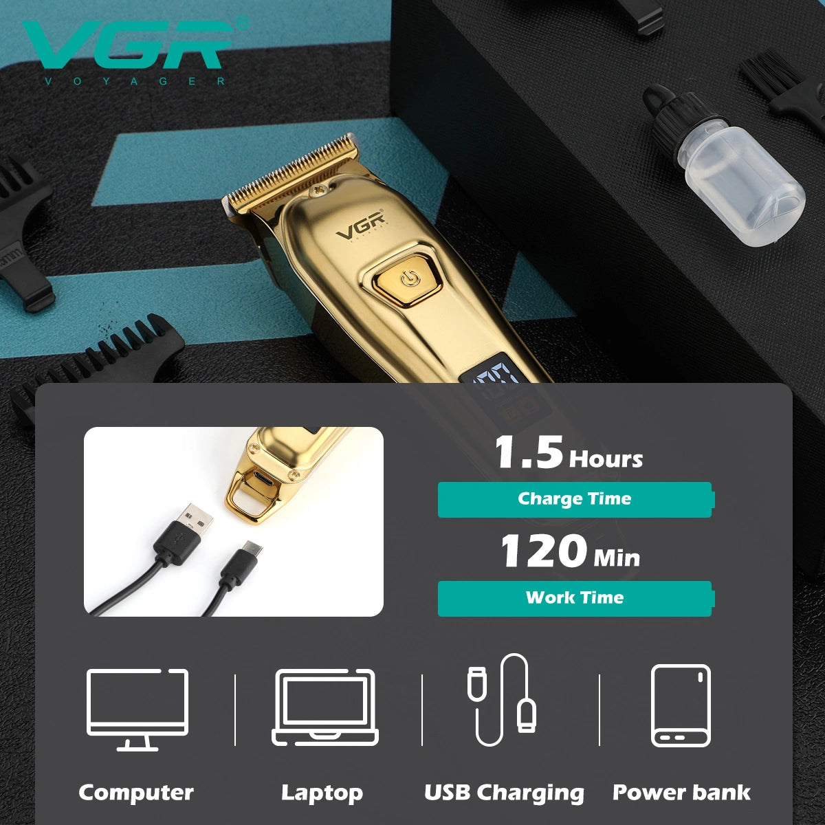 VGR V-965 Professional Hair Trimmer for Men - Cord/Cordless, Precision T-Blade, LED Display, Turbo Function, Travel Lock, 4 Guide Combs, Type-C USB Rechargeable, 120 Minutes Run Time with 1 Year Warranty (Gold)