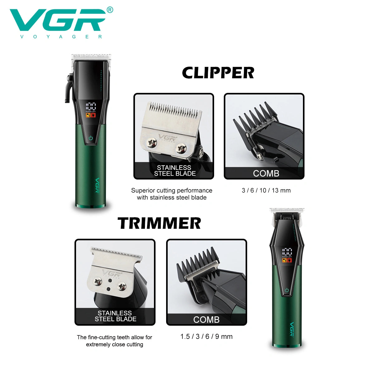 VGR V-677 Professional Trimmer 240 min Runtime 12 Length Settings (Green)