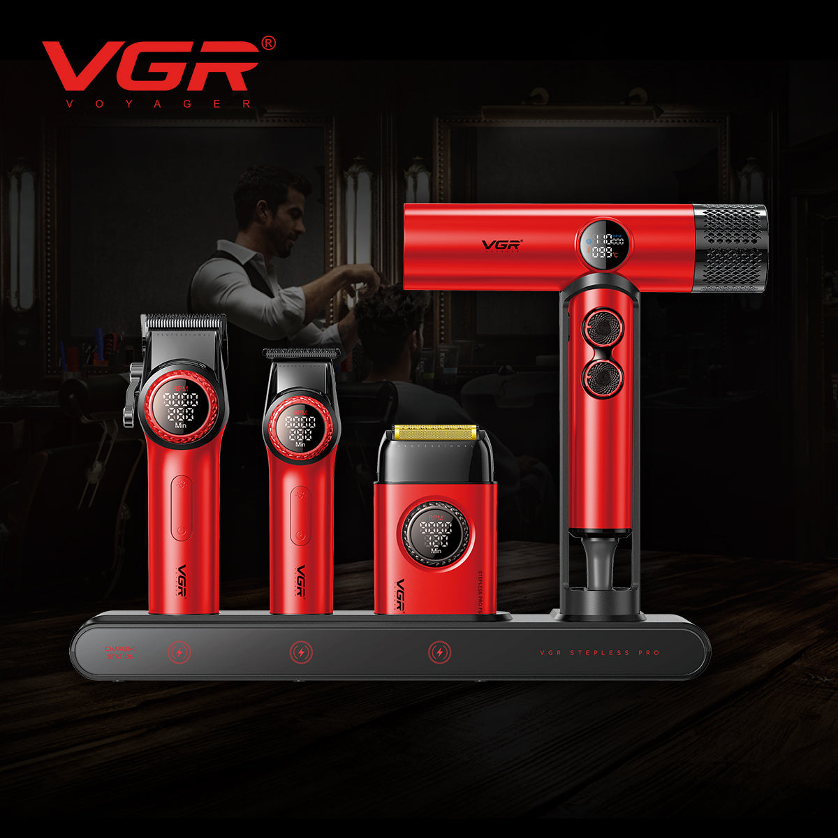 VGR Mr. SUPER POWER Stepless Pro 4-in-1 Barber Set - Red - vgrofficial.in