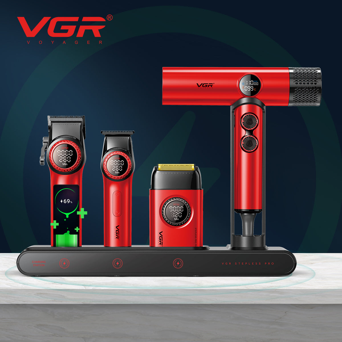 VGR Mr. SUPER POWER Stepless Pro 4-in-1 Barber Set - Red - vgrofficial.in