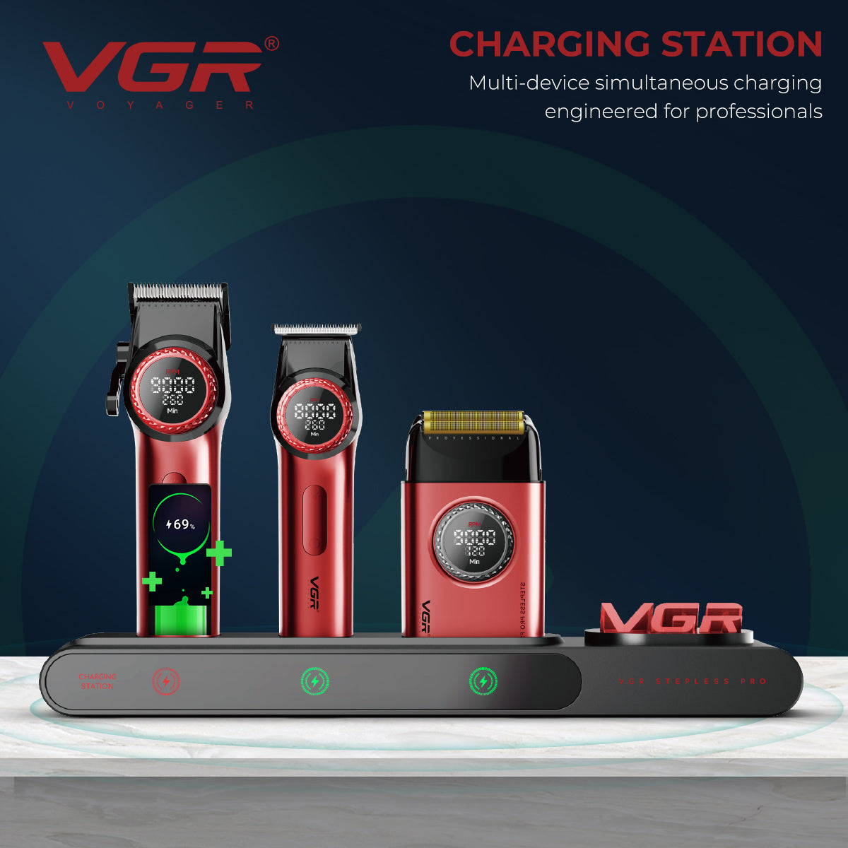VGR Stepless Pro 3-in-1 Professional Grooming Kit for Salon & Men with Charging Station, Stepless Speed Control, Ceramic DLC Blades, Double Titanium Foils, LED Display, Red