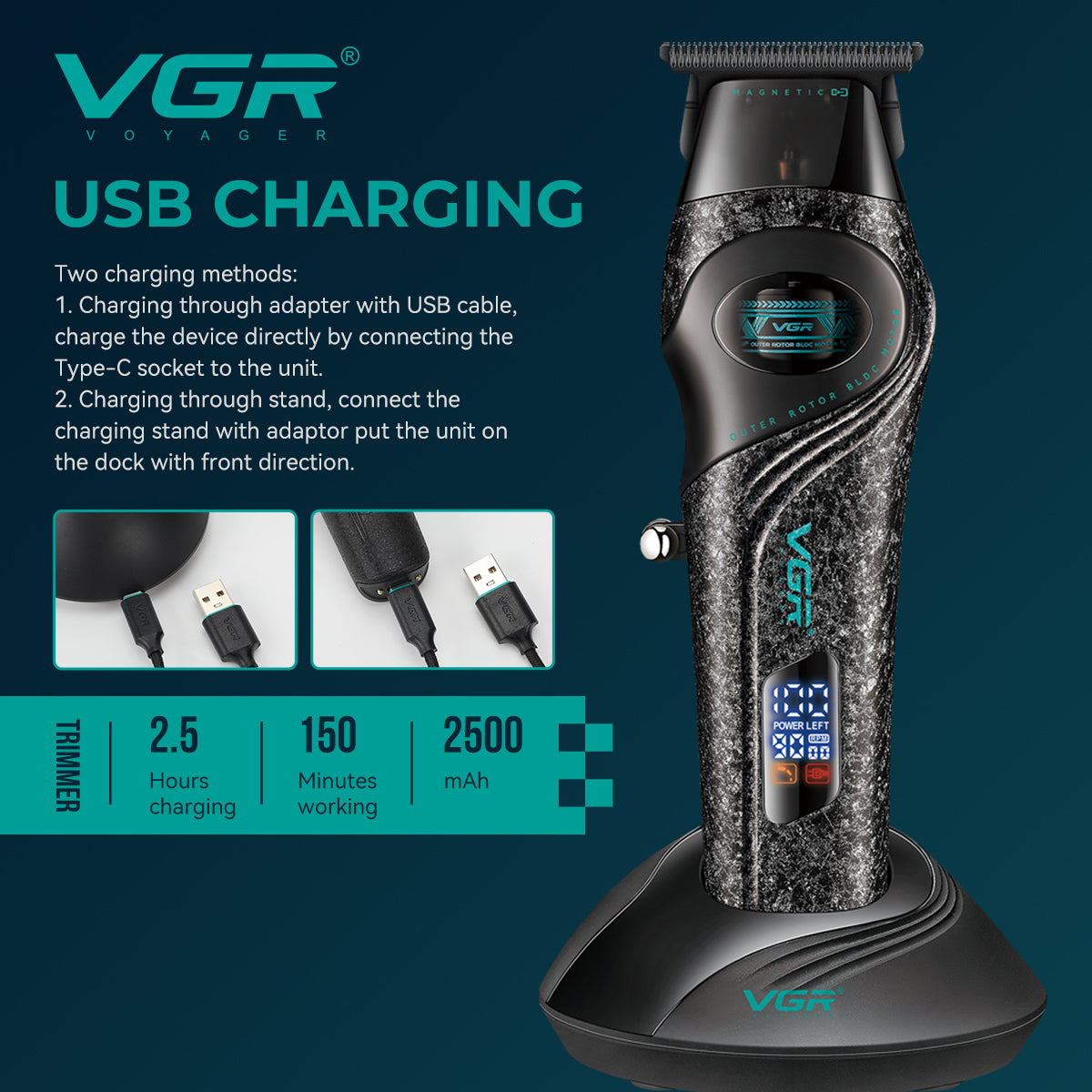 VGR V-857T Professional Hair Trimmer for Salon & Men, Black