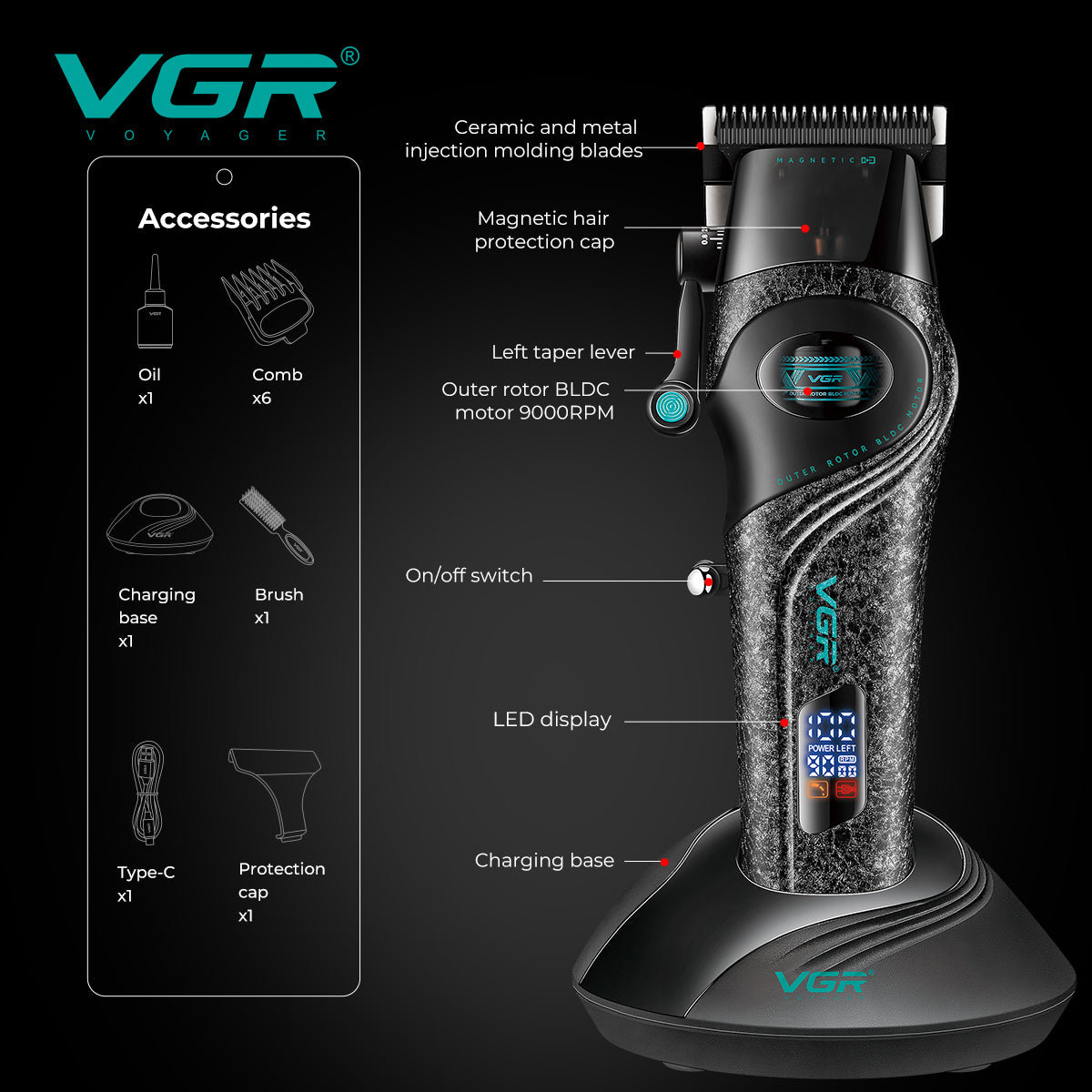 VGR V-857C Professional Hair Clipper for Salon & Men, Black