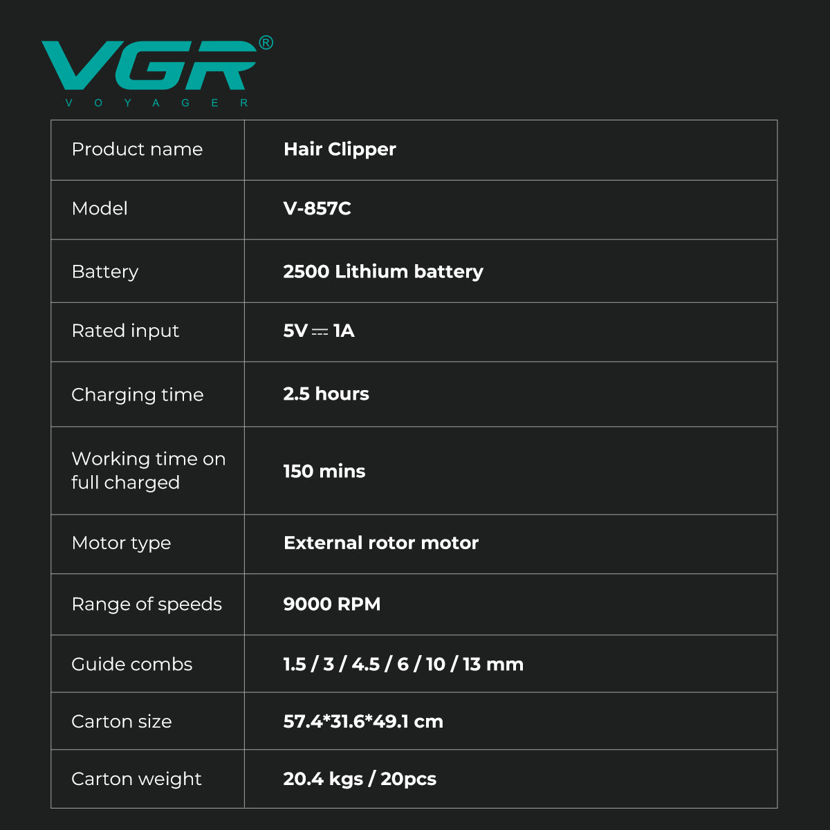 VGR V-857C Professional Hair Clipper for Salon & Men, Black