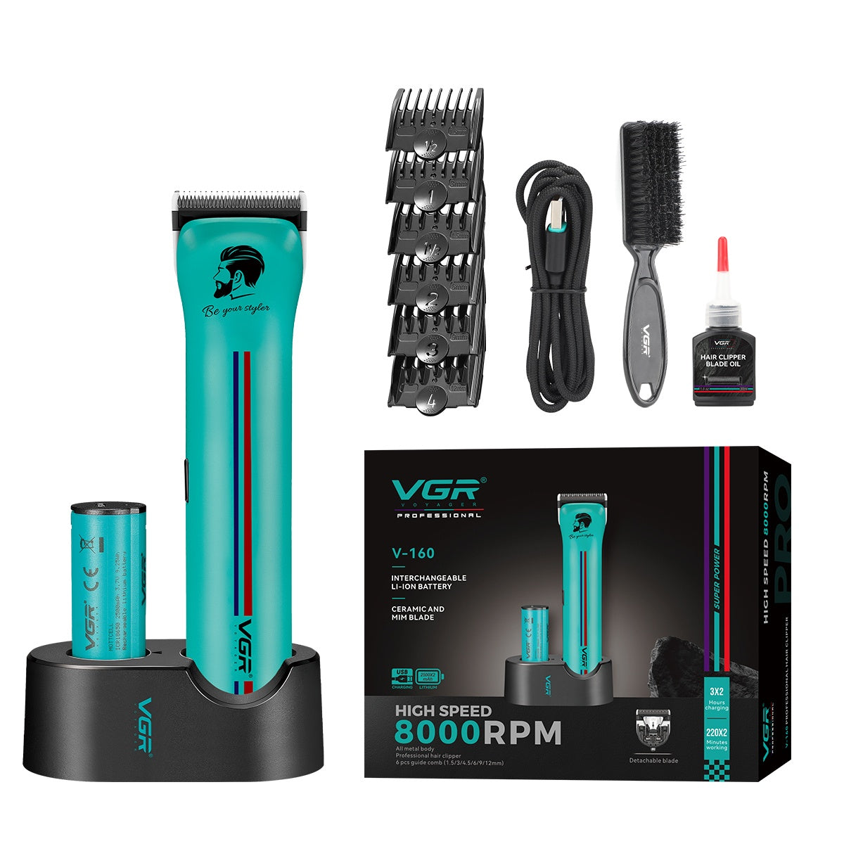 VGR V-160 Professional Hair Clipper with 220 Min Runtime, Black