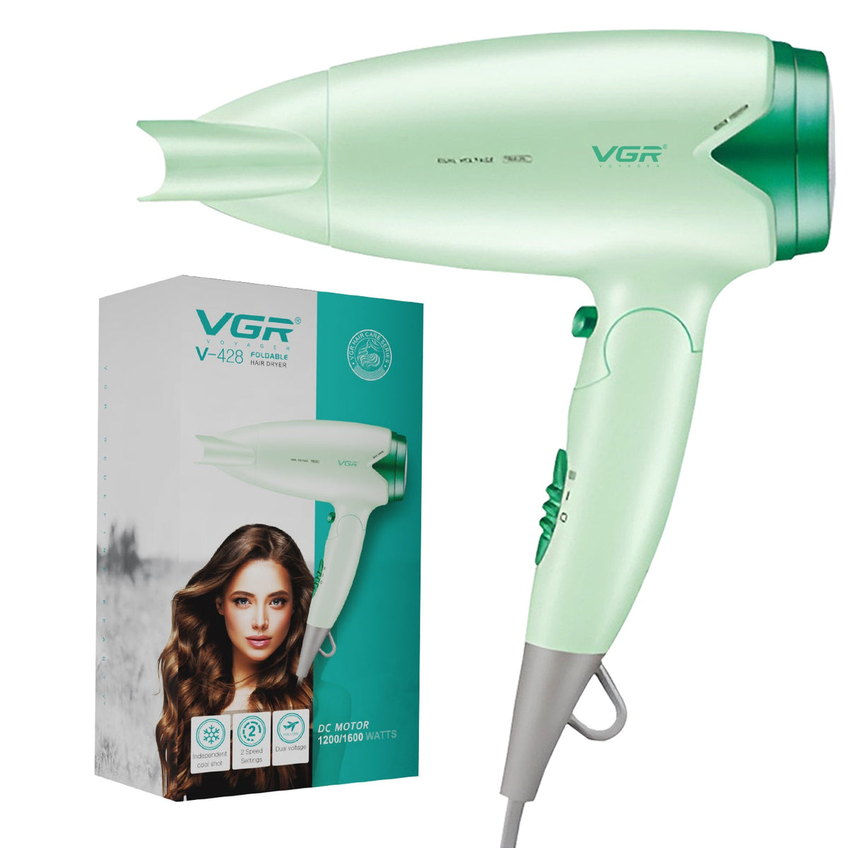 VGR V-428 Foldable Hair Dryer For Women, 2 Speed Settings, Cool Shot, Green