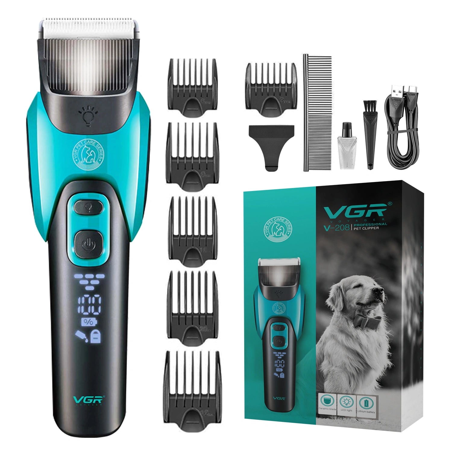 VGR V-208 Professional Pet Clipper for Dogs, Cats & All Animals, 2000mAh Battery, LED Display, Ceramic Blades, Powerful Motor, 6 Guide Combs, 180mins Runtime, Travel Lock