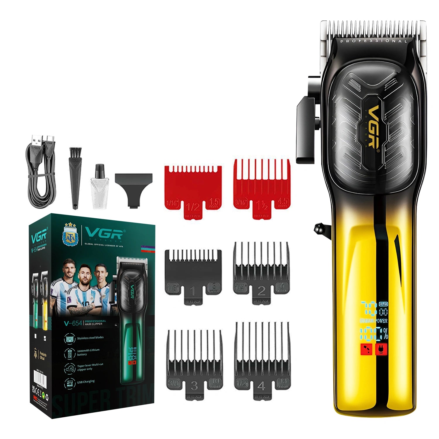 VGR V-654 Professional Hair Clipper with 200-Minute Runtime, LED Display, and 6 Guide Combs, 7000RPM DC MOTOR , Yellow