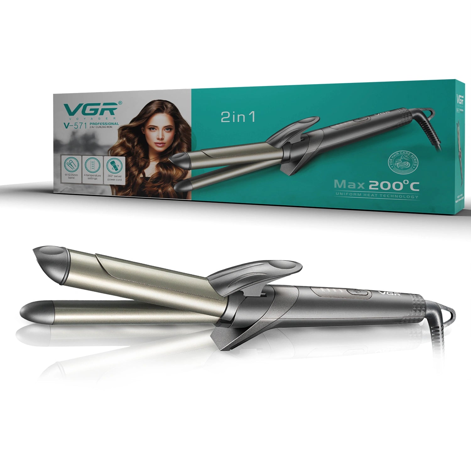 VGR V-571 Professional 2-IN-1 Curling Iron for Women's (Black)