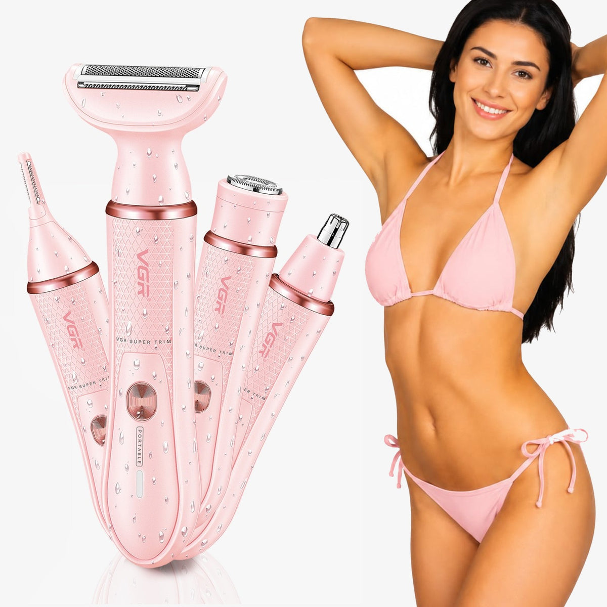 VGR V-761 Professional 4-in-1 Lady Shaver Set For Women, IPX5 Waterproof, 90 Min Runtime, Blue & Pink