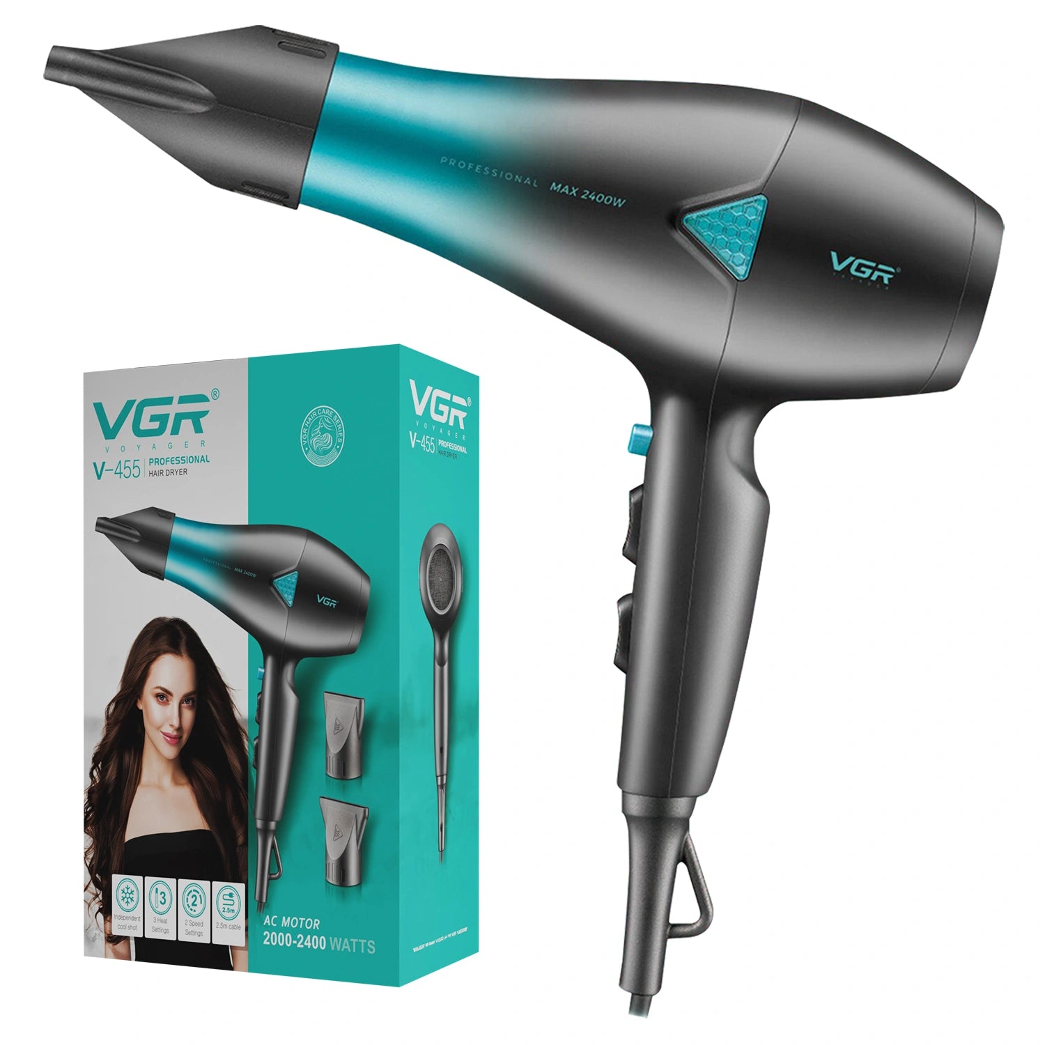 A VGR V-455 Professional Hair Dryer in black color with orange accents, alongside its packaging box featuring an image of a woman and highlighting the product's features.