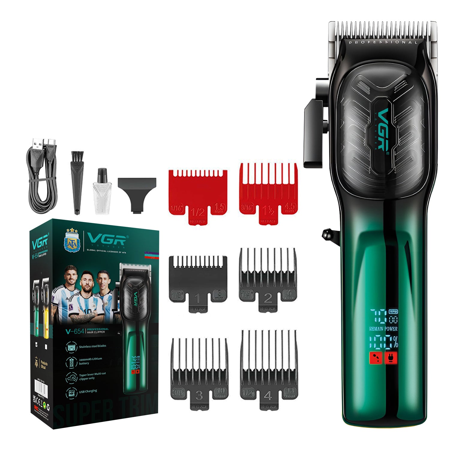VGR V-654 Professional Hair Clipper with 200-Minute Runtime, LED Display, and 6 Guide Combs, 7000RPM DC MOTOR , Yellow