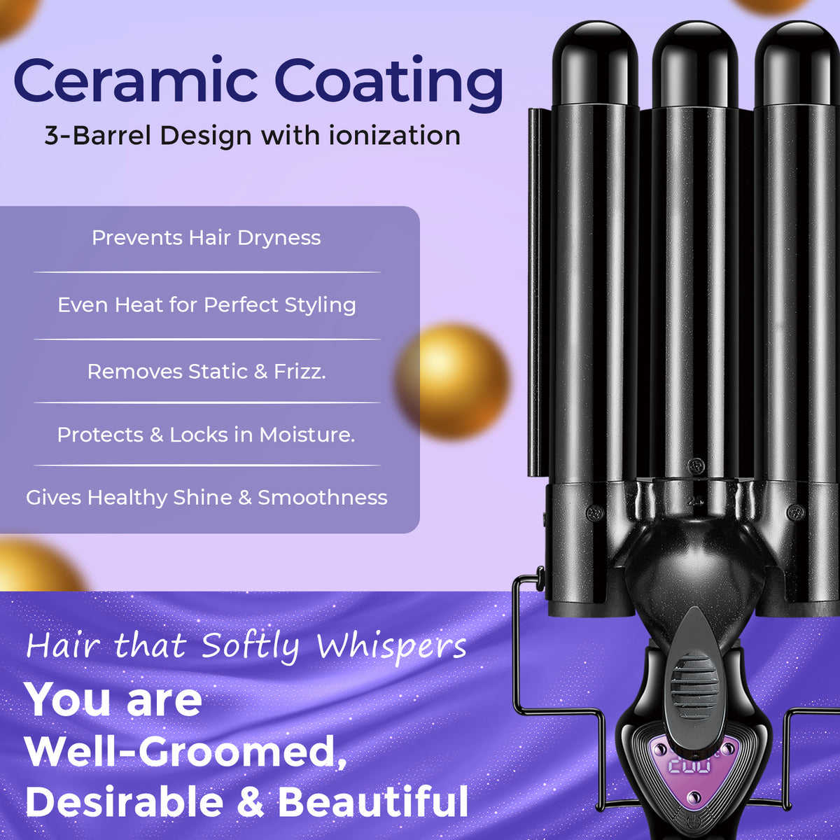 VGR V-590 Professional 3-Barrel Curling Iron with 3-Barrel Ceramic Plates, Purple & Black