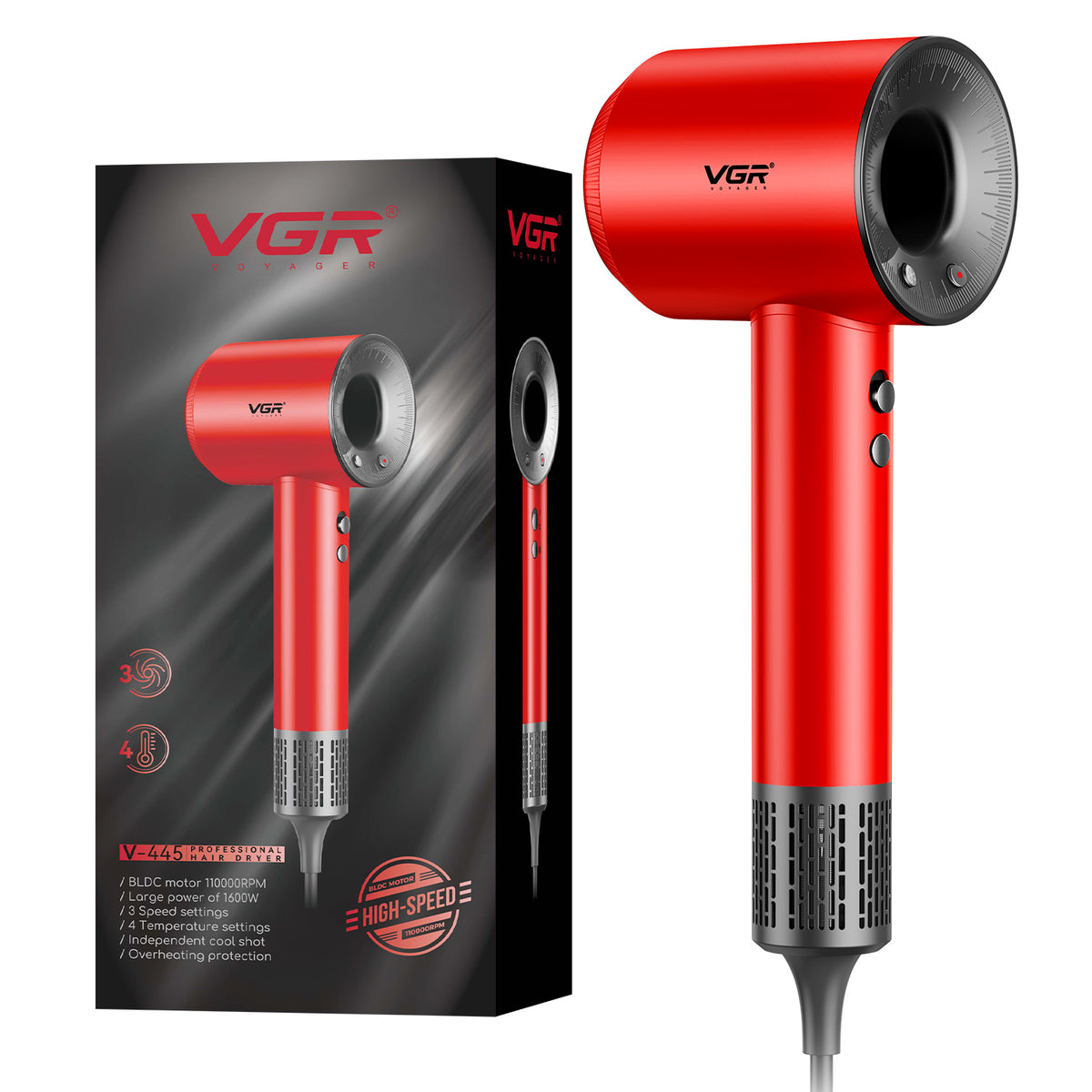 VGR V-445 Professional Hair Dryer For Women with Cool Shot, Overheating Protection, Red
