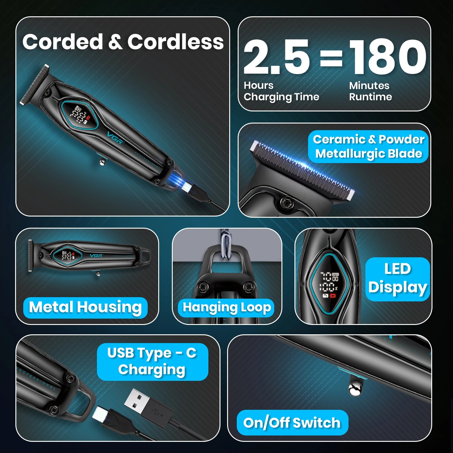 VGR V-945 Professional Trimmer 180 min Runtime 4 Length Settings (Black)