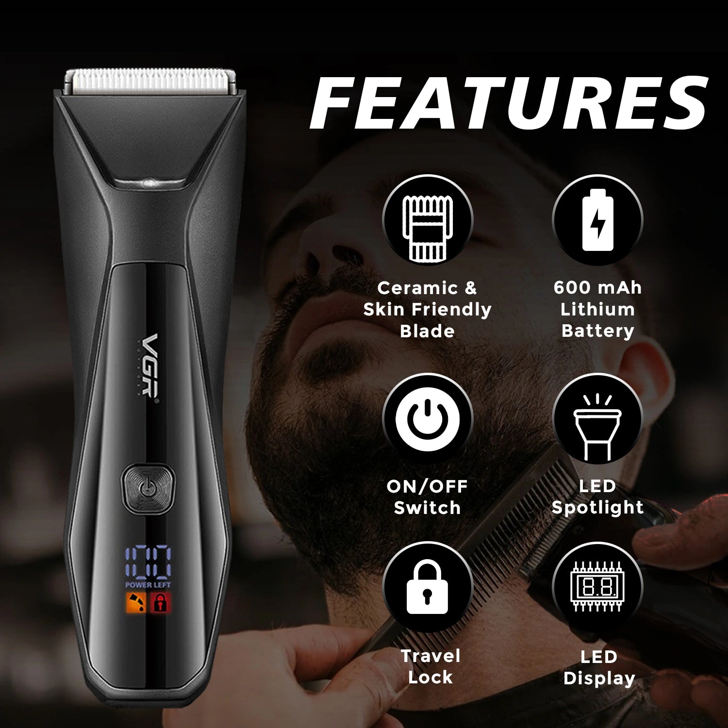 VGR V-938 Professional Cord/Cordless Body Trimmer for full-body grooming (Black)