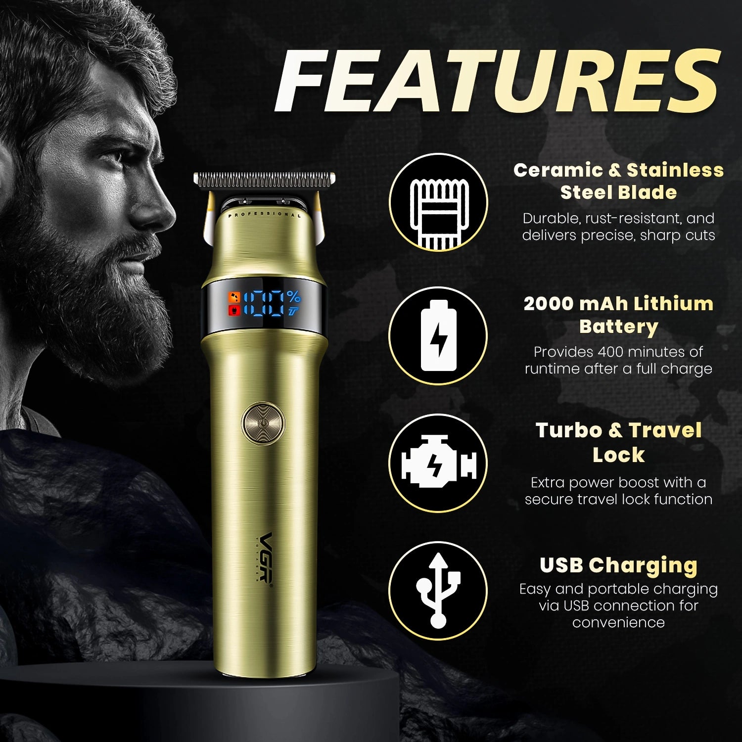 VGR V-991 Professional Salon Quality Hair Trimmer for Men's (Gold)