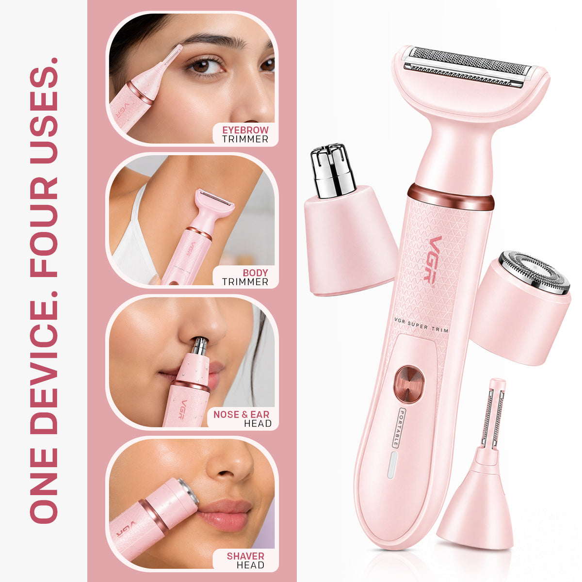 VGR V-761 Professional 4-in-1 Lady Shaver Set For Women, IPX5 Waterproof, 90 Min Runtime, Blue & Pink