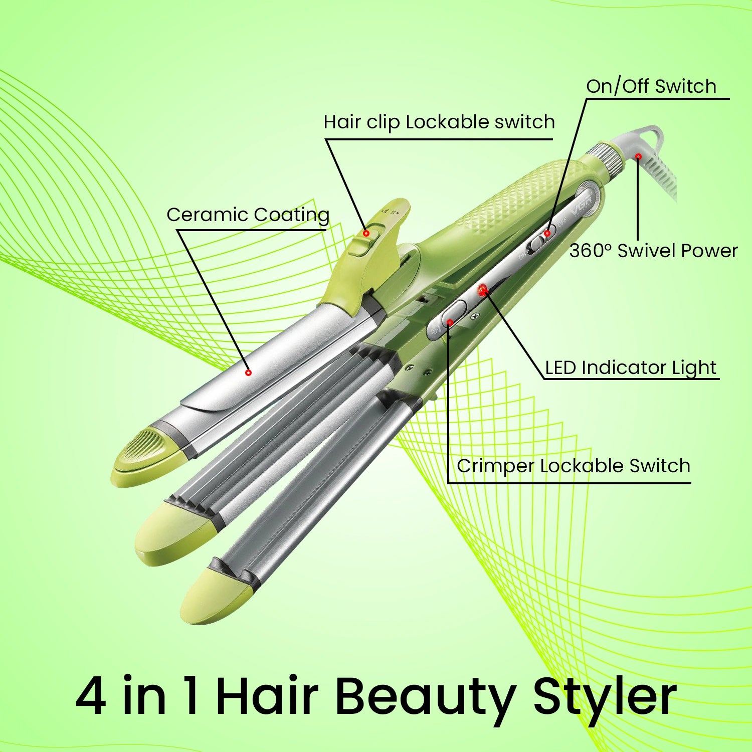 VGR V-569 Professional 4 In 1 Hair Beauty Styler - Straightener, Curler, Crimper, Waver (Green)