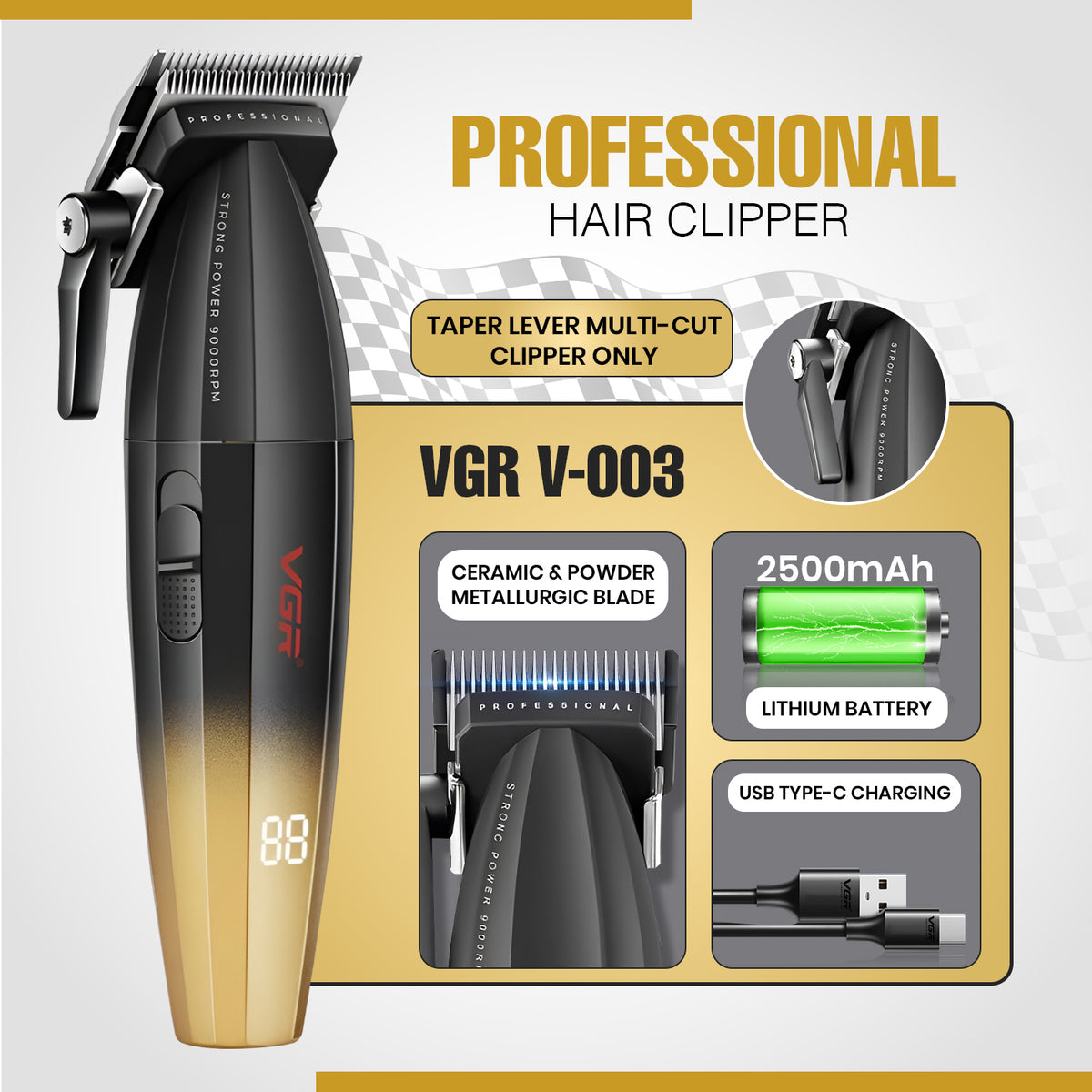 VGR V-003 Professional Hair Clipper For Men, (Gold)