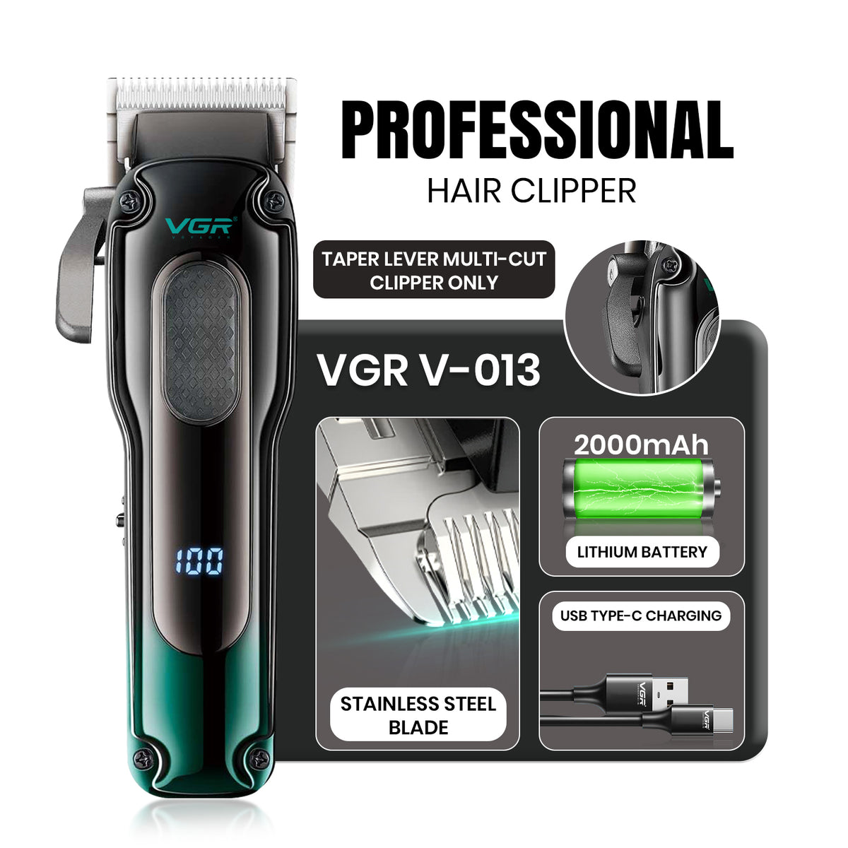 VGR V-013 Professional Clipper 200 min Runtime 12 Length Settings, Green