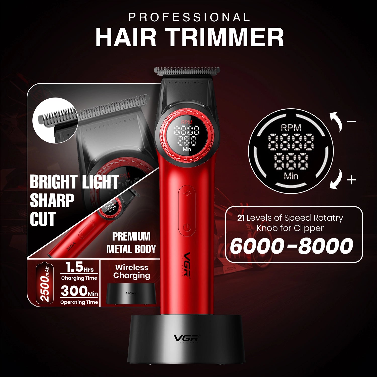 VGR V-977 & V-377 Professional Hair Trimmer & Shaver Combo Set (Red)