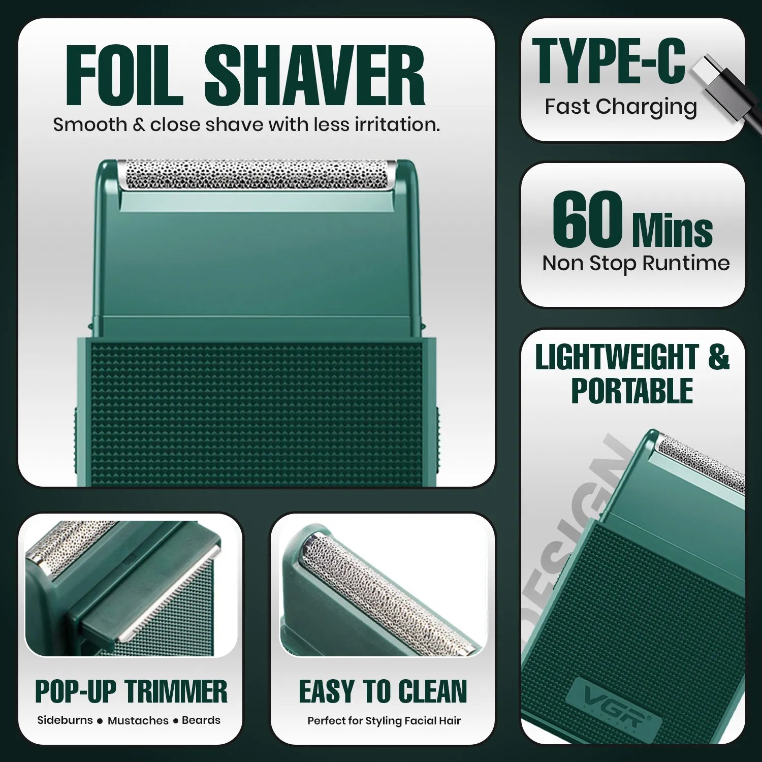 VGR V-376 Professional Pocket Size Shaver For Men (Green)