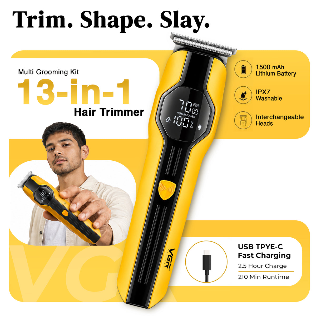 VGR V-173 Professional Grooming Kit with 210 Min Runtime, Yellow