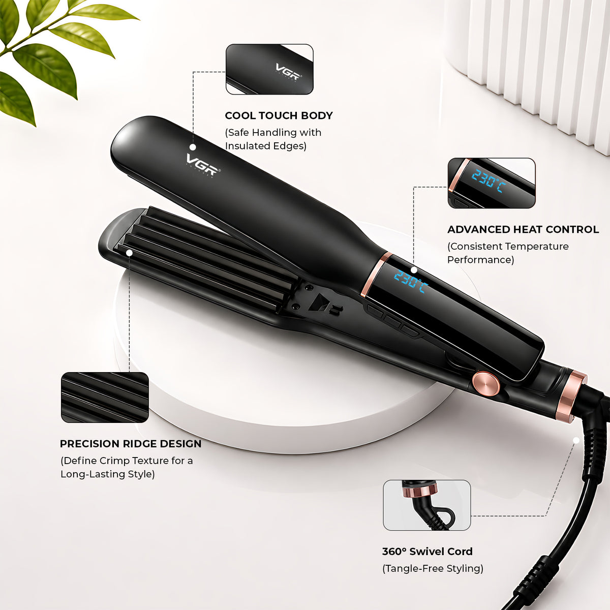 VGR V-519C Professional Hair Crimper For Women with 7 Heat Settings, Black