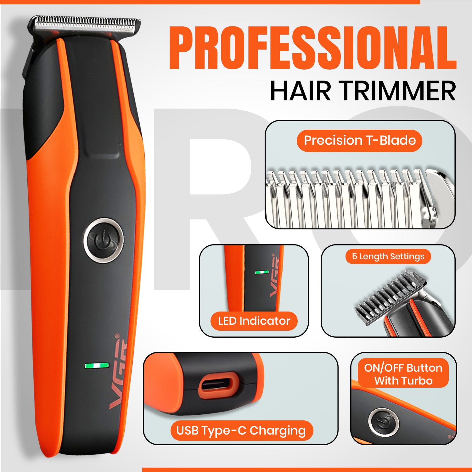 VGR V-999 Trimmer 120 min Runtime 4 Length Settings For Salon & Mens (Orange)