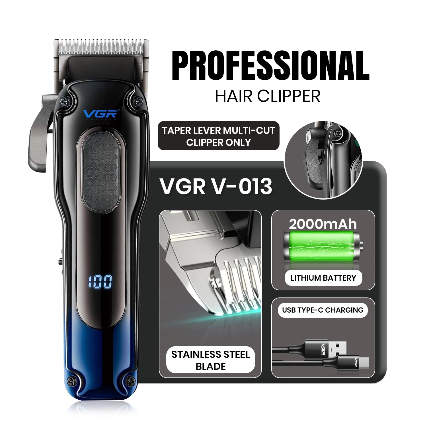 VGR V-013 Professional Clipper 200 min Runtime 12 Length Settings (Green, Black)